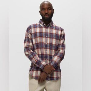 Portuguese Flannel Red Blue Cream Plaid Shirt Men’s Large 100% Cotton